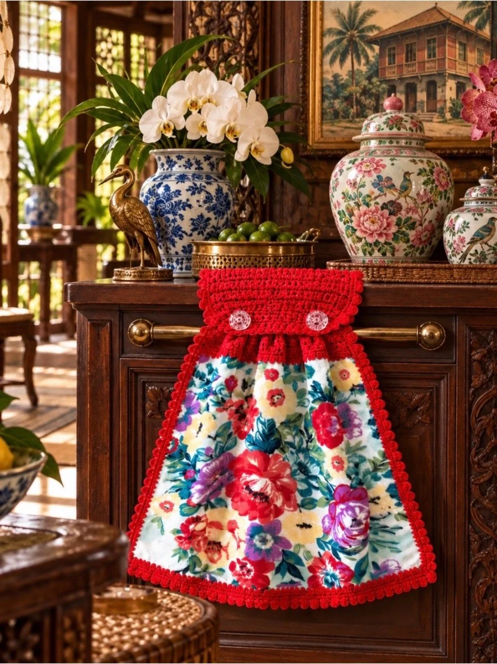 Pioneer Woman Floral Red Crochet Hanging Kitchen Towel
